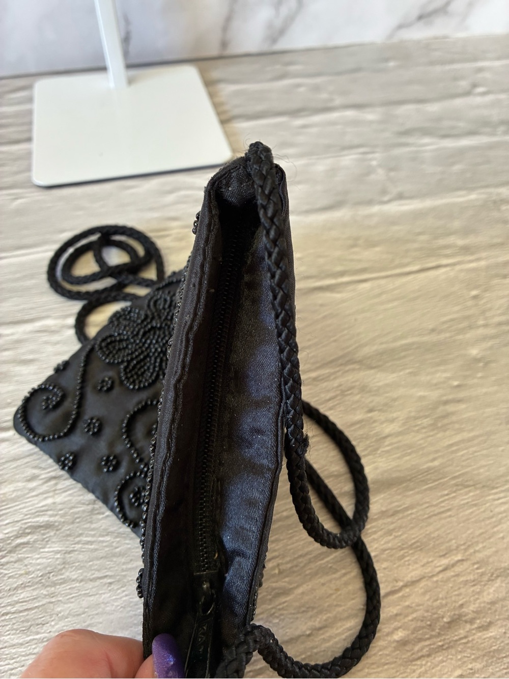 Gloria Vanderbilt Black Satin Beaded Floral Evening Bag - Picture 7 of 10